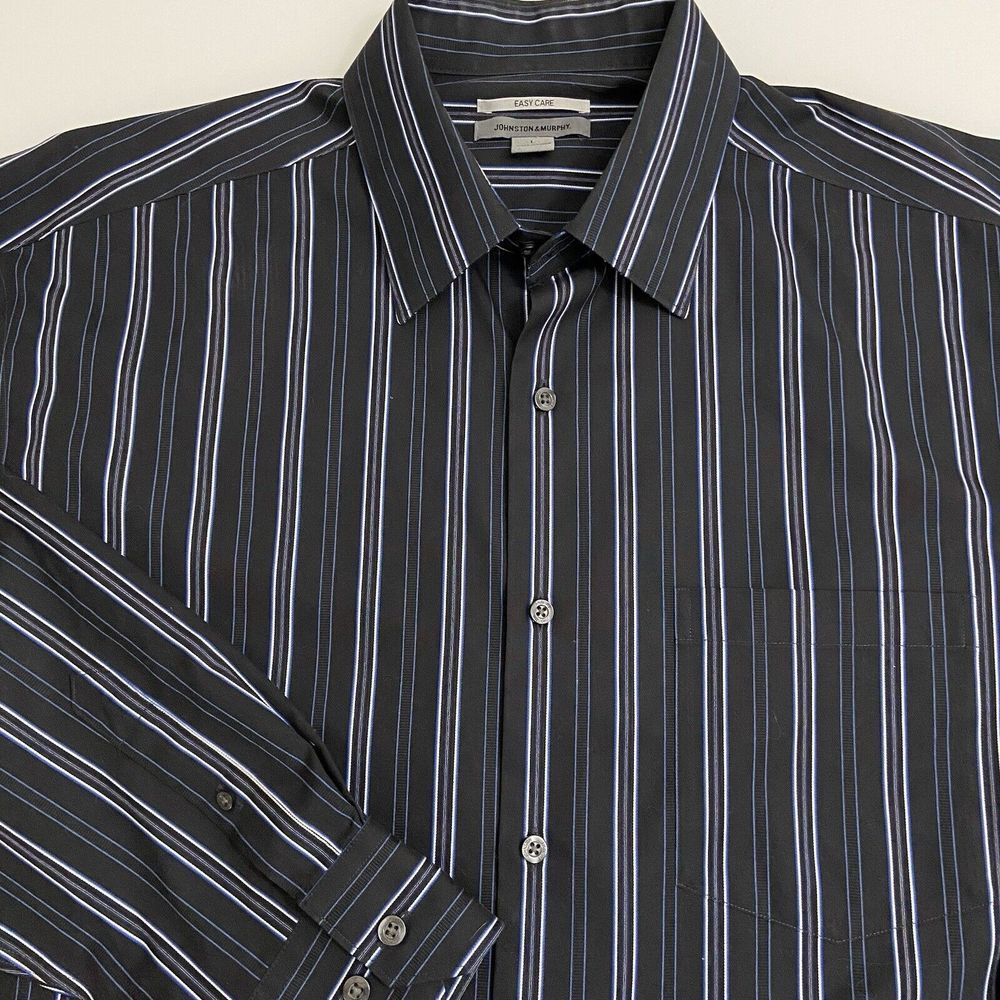 Johnston & Murphy Men LS Black Blue Striped Button‎ Front Shirt Size L Easy Care
